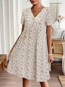 EMERY ROSE 女式度假碎花V领短袖宽松娃娃裙短款连衣裙