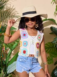 SHEIN 少女沙滩度假手工奶奶钩针毛衣上衣 - 彩色 - 查看 5