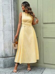 SHEIN Clasi 女士时尚优雅圆领宽松束腰口袋条纹连衣裙，夏季连衣裙