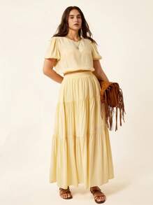 SHEIN LUNE Plus Size Solid Color Round Neck Puff Sleeve Shirt + Cream Yellow A-Line Midi Skirt, Casual Holiday Style Slouchy Casual Style Casual Wear Holiday Style Cream Yellow Two-Piece Suitow Two-Piece Suit Fall Women Clothes School Clothes Country Outfits Women Teacher Outfits For Women Country Outfits Women
