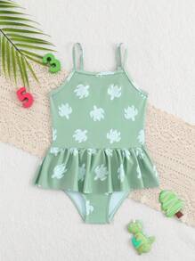 Infant/Toddler Girls' Summer Beach Vacation New Turtle Digital Print Ruched One-Piece Swimsuit Toddler Girl Beach Clothes Summer Clothes For Toddlers Summer Dresses For Toddler Girl Toddler Dresses Summer - Green - View 4