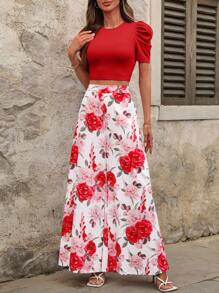 Ellevyn 2 Stücke Damen Set aus Pullover mit Blume Muster, Rundhalskragen und Puffärmeln sowie weiten Hosen, romantisch und elegant für den täglichen Gebrauch - Rot - Übersicht 12