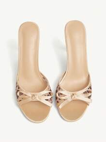 CUCCOO CHICEST 女式 8.8 厘米高跟豹纹网眼蝴蝶结装饰尖头穆勒凉鞋，时尚优雅 - 彩色 - 查看 3