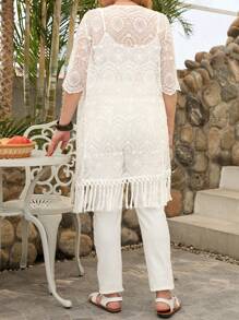 EMERY ROSE Plus Size Casual Solid Color Lace Fringe Hem Cardigan, Simple And Fashion Style, Suitable For Summer,Casual Holiday Style, Casual Holiday Outfits, Summer Fashion, Women's Summer Outfits, Mother's Day Outfits, Country Concert Outfits, Women's Boho Outfits, Women's Western Outfits, Women's Holiday Outfits, Women Summer Clothing Women Plus Clothing Business Casual Woman S Summer Clothes Women Plus Clothing Formal - White - View 2
