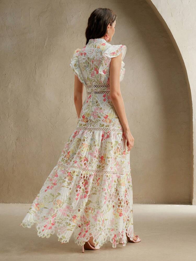 White Floral Summer Elegant Party Dress,Mandarin Collar Ruffle Cap Sleeve Water-Soluble Lace Hollow Embroidered Casual Vacation Ladies Dress