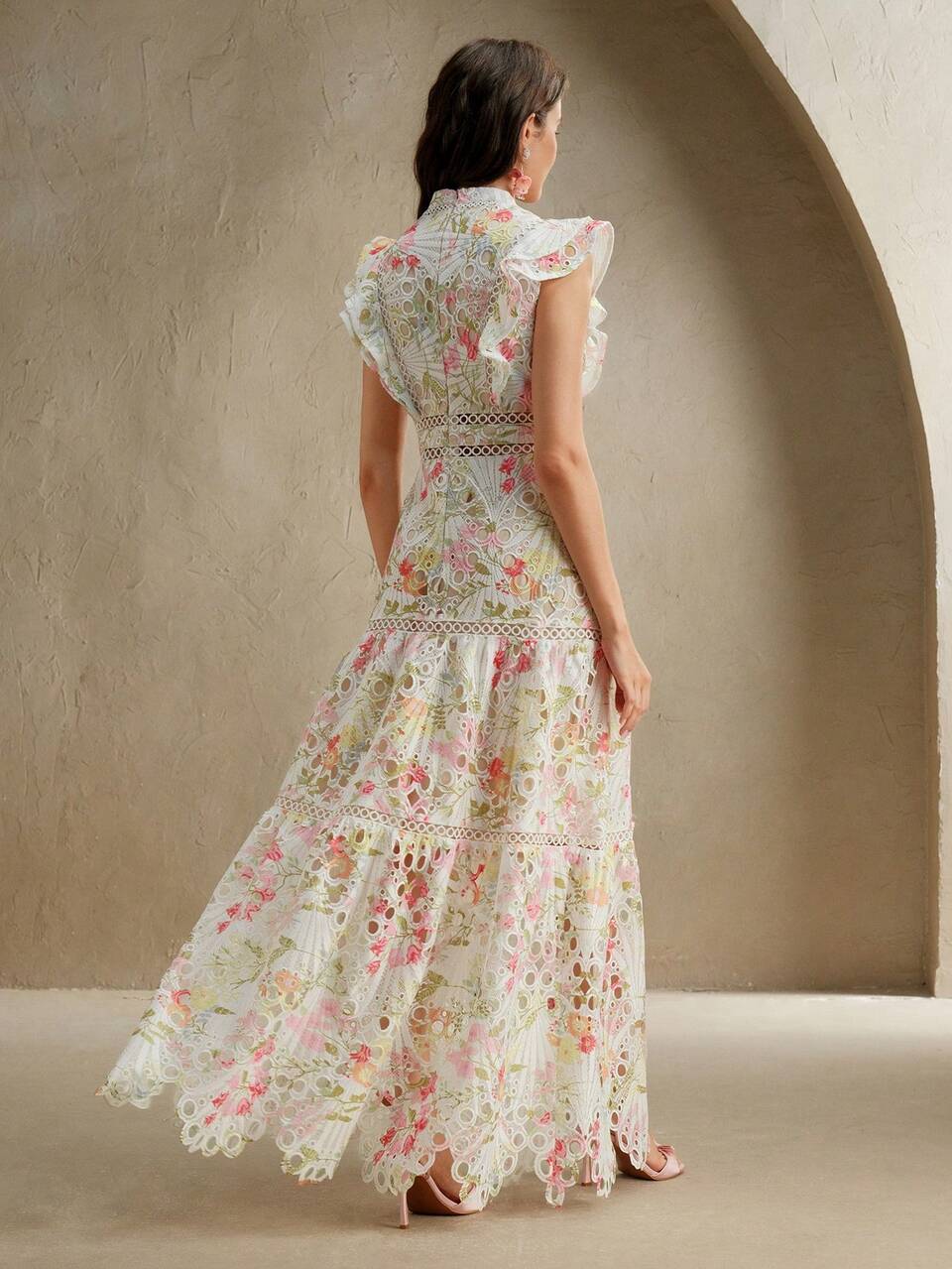 White Floral Summer Elegant Party Dress,Mandarin Collar Ruffle Cap Sleeve Water-Soluble Lace Hollow Embroidered Casual Vacation Ladies Dress