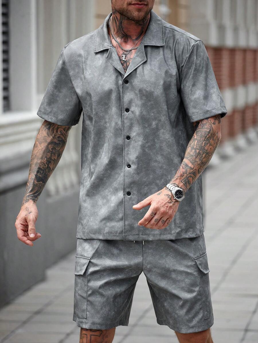 Manfinity Homme 男士扎染印花前纽扣短袖衬衫和短裤套装