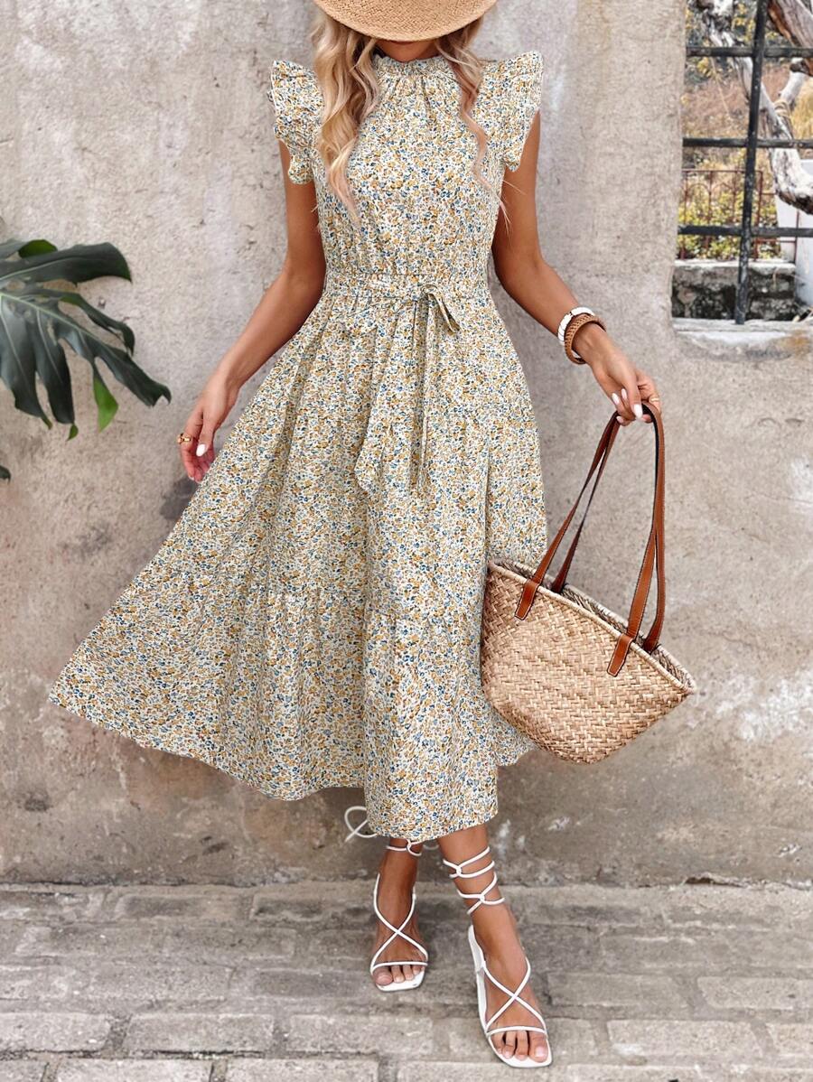 SHEIN LUNE Casual Women Ditsy Floral Cap Sleeve Midi Dress - White - View 1