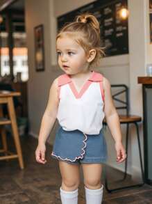 SHEIN Top de punto sin mangas con cuello polo de colorblock y pantalones cortos de mezclilla lavada bordada para bebés niñas - Rosa - Ver 1