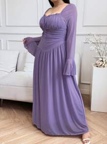 Feyla Plus Size Solid Color Long Sleeve Mesh Dress, Minimalist & Fashionable For Summer - Purple - View 5