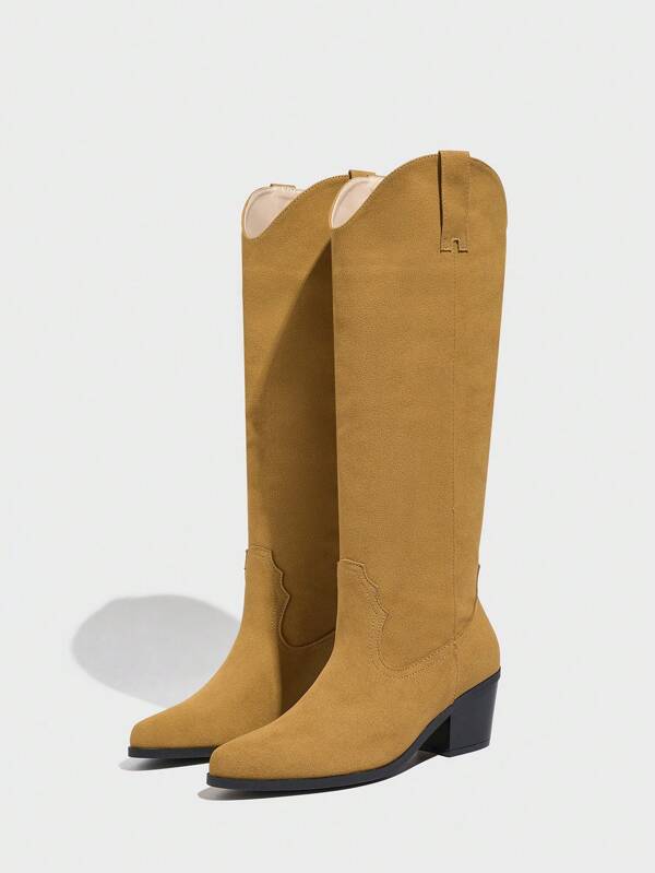 Daringsoles Women Pointed Toe Chunky Heel Slip-On Western Boots, Suede Embroidery Knee-High Riding Boots For Autumn/Winter