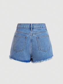 SHEIN MOD Women's Pockets Distressed Pearl Decor Casual Denim Shorts For Summer With Pearl Embellishments And Zipper Detail - Medium Wash - View 2