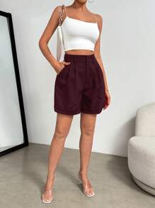 Celisse Pantalones cortos casuales de mujer con bolsillos plisados de unicolor, versátiles