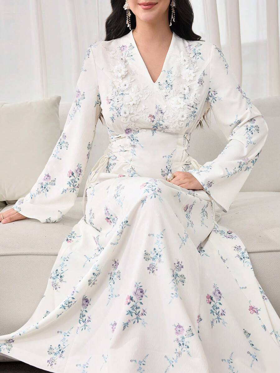 Al Najma 女士传统花卉领带长款束腰连衣裙，端庄 - 杏色 - 查看 1