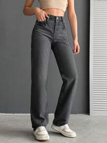 SHEIN Cottnline 100%Cotton High Waist Straight Leg Jeans - Light Grey - View 4