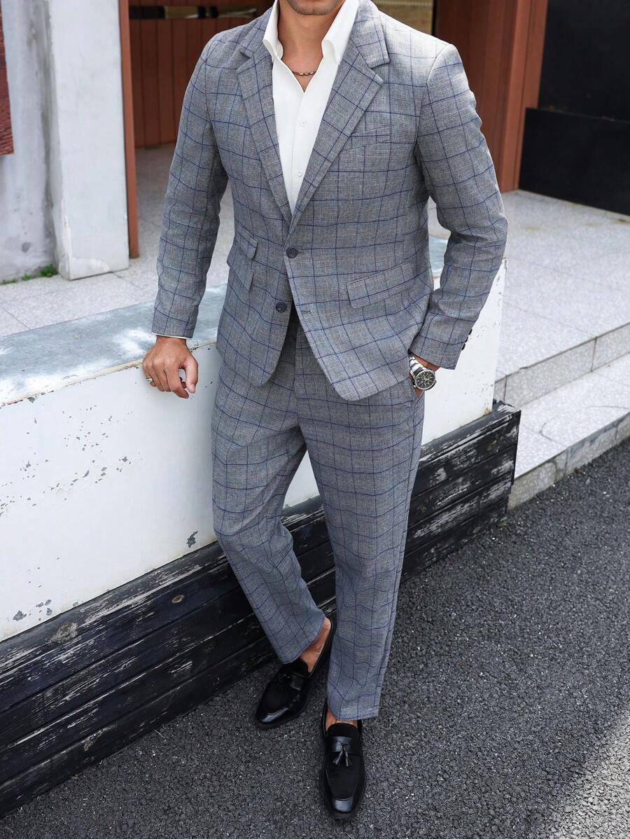 Manfinity Mode Plus Size Men's Plaid Jacket And Pants Set - Grey - View 1