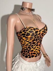 Slaydiva 2025 Summer New Style College Style Birthday Party Graduation Season Student Wear Daily Street Basic Versatile Leisure Vacation Cruise Travel Beach Seaside Sunbathing Popular Online Suspenders Pearl Necklace Leopard Print Sexy Backless Twist Summer Tops Women's Camisole - Multicolor - View 8
