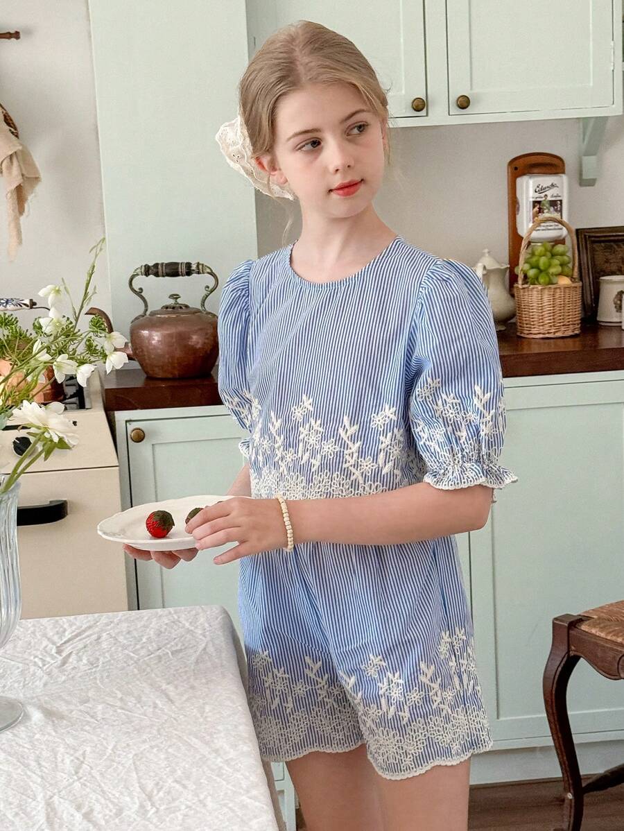 SHEIN LMoss Kids 2pcs Tween Girls Woven Striped Embroidered Top And Shorts Set