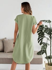 EMERY ROSE 女式纯色 V 领蝙蝠袖短袖单排扣休闲连衣裙，夏季 - 綠色 - 查看 2