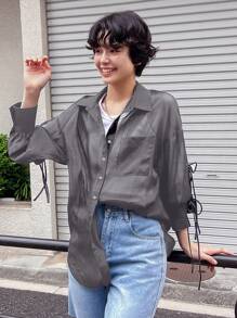 FRIFUL Áo sơ mi nữ tay dài dây rút màu trơn thường ngày - Xám - Xem 5