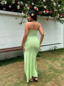 SHEIN EZwear Đầm dệt kim hở lưng hở lưng gợi cảm cho kỳ nghỉ cỡ lớn - Màu xanh Bạc hà - Xem 2