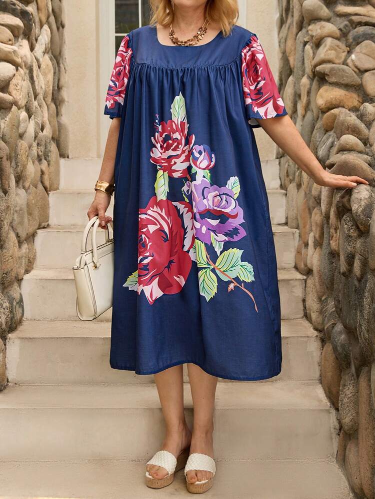 Plus Size Floral Print Square Neck Casual Mini Dress,Vacation Outfit For Women Summer Outfits For Women