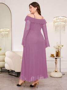 Modelyn Plus Size Women's Off-Shoulder Long Sleeve Flare Waist Ruffled Mesh Elegant Dress