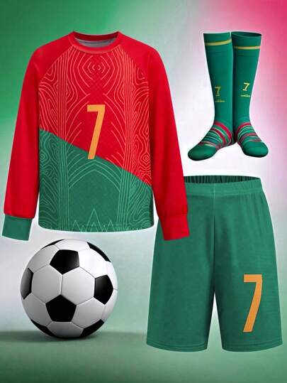 SHEIN Conjunto de verão para meninos - Camisa de manga comprida e shorts, estampa gráfica de futebol, roupa esportiva casual macia e confortável com estampa de letras, perfeita para atividades ao ar livre no verão e para a escola