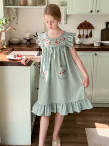 LMoss Kids LMoss Tween Girl 纯色刺绣荷叶边下摆休闲连衣裙