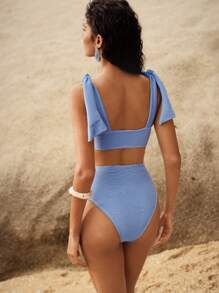 Anewsta Ribbed Design Tie-Strap Split Bandeau Bikini Set For Summer Beach Vacation - Yellow - View 2