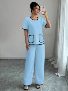 Elenzga 2pcs/Set Women Short Sleeve Top With Ruffle Trim & Pants - Blue - View 3