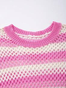 ROMWE MEN Casual Men Hollow Striped Tasseled Knit Short Sleeve Round Neck Top, Summer Vacation - Pink - View 4