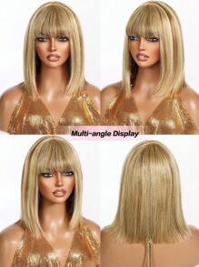 Short Bob Human Hair Wigs With Bangs Natural Straight Bob Wigs For Women Blend Blonde Color Glueless Wig Easy To Wear Daily Vacation Wedding Halloween Costumes - S10/16/613 - View 12