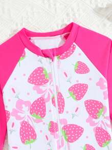 Baby/Baby GirlStrawberry Print Long Sleeve One-Piece Swimsuit, Sun Protection Holiday Beachwear - Multicolor - View 3