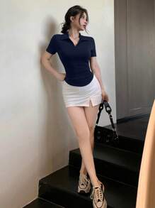 DAZY Women's Sexy Slim Fit Casual Polo Collar Short Sleeve T-Shirt, Summer,Back To School Clothes - Navy Blue - View 2