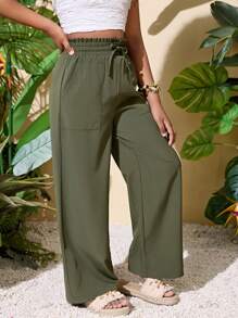 SHEIN Tween Girl 休闲宽松直筒长裤，军绿色 - 軍綠色 - 查看 4