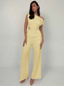Aloruh Early Spring New Simple Solid Color Waist-Cinched Top With Straight Leg Pants 2Pcs Suit, Comfortable & Versatile Work Outfit - Yellow - View 1