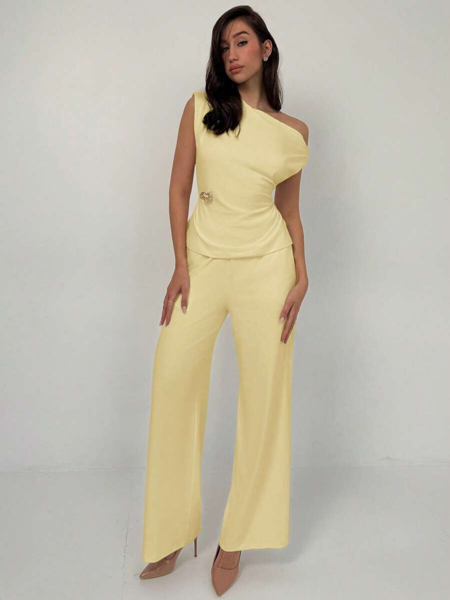 Aloruh Early Spring New Simple Solid Color Waist-Cinched Top With Straight Leg Pants 2Pcs Suit, Comfortable & Versatile Work Outfit - Yellow - View 1