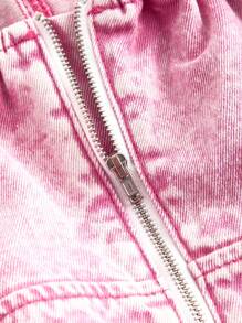 SHEIN MOD 女式纯色交叉包裹不对称下摆细肩带牛仔连体裤 - 粉色 - 查看 3