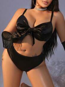 SpicyHot 2 piezas Conjunto de ropa interior con encaje, moño y tirantes en la espalda con aros, lencería sexy de talla grande