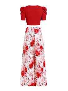 Ellevyn 2 Stücke Damen Set aus Pullover mit Blume Muster, Rundhalskragen und Puffärmeln sowie weiten Hosen, romantisch und elegant für den täglichen Gebrauch - Rot - Übersicht 7