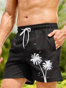Manfinity VDAYZ Men's Palm Tree Print Drawstring Waist Beach Shorts - Black - View 6