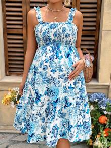 SHEIN Vestido casual de maternidad con estampado floral all over para vacaciones - Azul - Ver 6