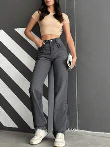 SHEIN Cottnline 100%Cotton High Waist Straight Leg Jeans - Light Grey - View 6