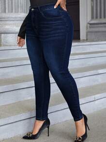 SHEIN Tall CURVE 大码休闲通勤水洗修身牛仔裤 情人节 - 藍色 - 查看 5