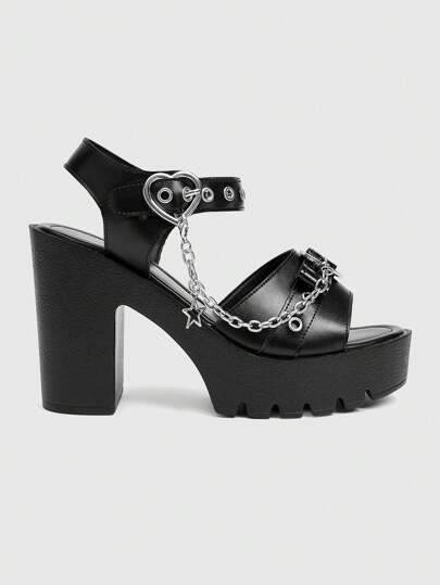 Grunge Punk Elegant Fashion Women's Heart & Star Metal Chain Design High Heel Sandals With Platform, Punk Style Round Toe Roman Sandals Suitable For Party, Daily Wear, Evening Dress, Height Increasing And Leg Lengthening, Comfortable Versatile Ladies High Heels