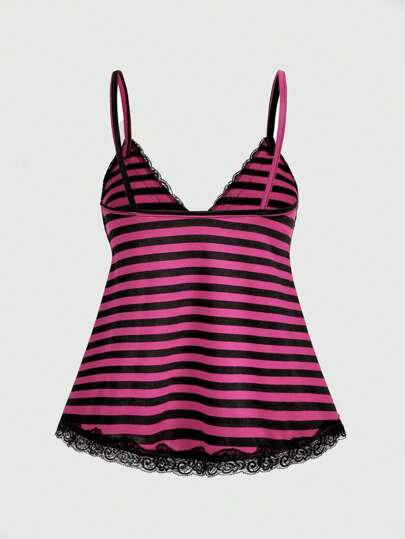 Kawaii Punk Style Sexy Y2K V-Neck Colorblock Striped Spaghetti Strap Lace T-Shirt, Summer Camisole
