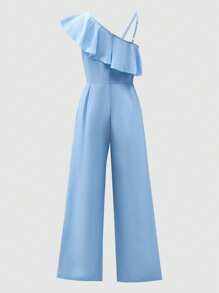 Sparklyn 1 套女童欧美时尚设计斜肩上衣和高腰阔腿裤，时尚、优雅、实用的服装，飘逸柔软，宽松舒适 - 藍色 - 查看 2