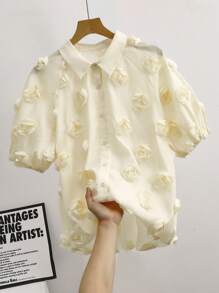 SHEIN Clasi Plus Size Women's Solid Color 3D Floral Decor Raglan Short Sleeve Blouse - Apricot - View 8