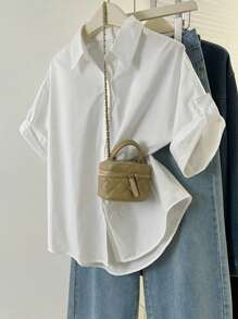 Resyla Women's Solid Color Button-Front Casual Short Sleeve Shirt, Summer - White - View 3